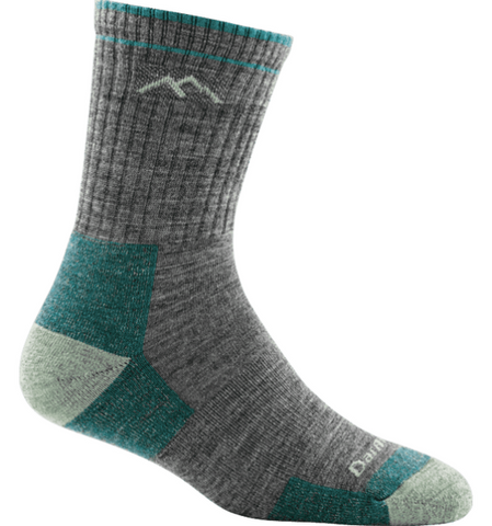 dark gray sock with teal and light green accents on toe and heel