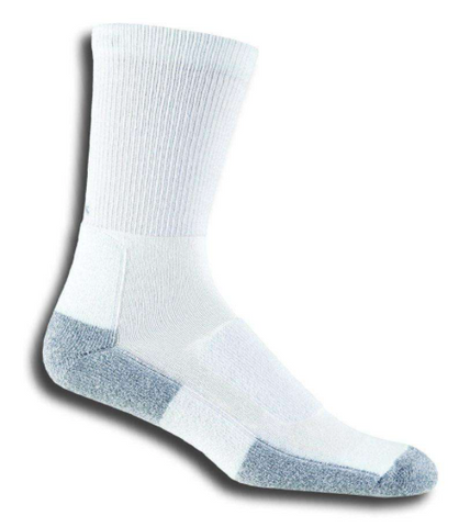 white crew sock with grayish blue accents on ankle and toe