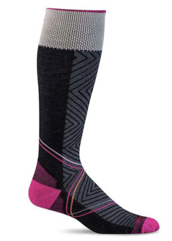 black knee high compression socks with gray and pink accents