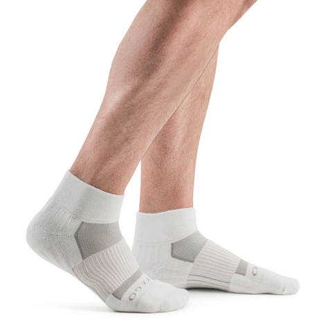 person wearing white mini crew socks with gray accents on top