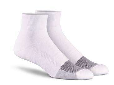 pair of white ankle socks with gray band around toe