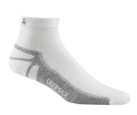 white mini crew sock with gray accents on bottom of foot