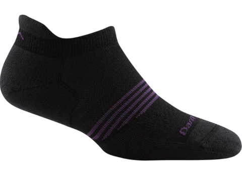 black ankle socks with purple accents and logo near toe