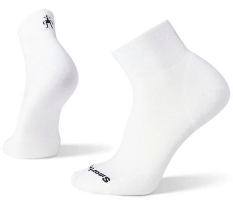 pair of white quarter length crew socks with black smartwool logo on toe