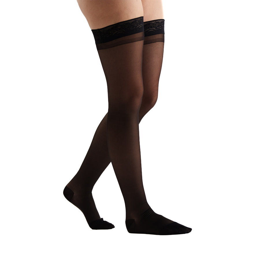 Black Sheer Thigh High Stockings with Striped Elastic Top Band for