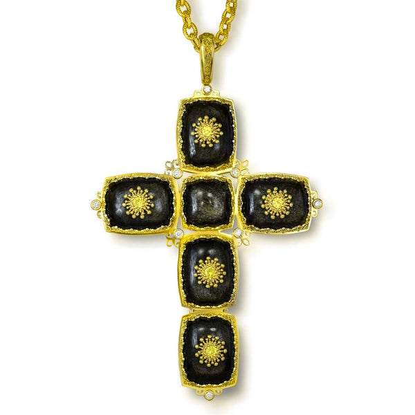 Alex Soldier Gold Cross with Obsidian & Yellow Sapphires