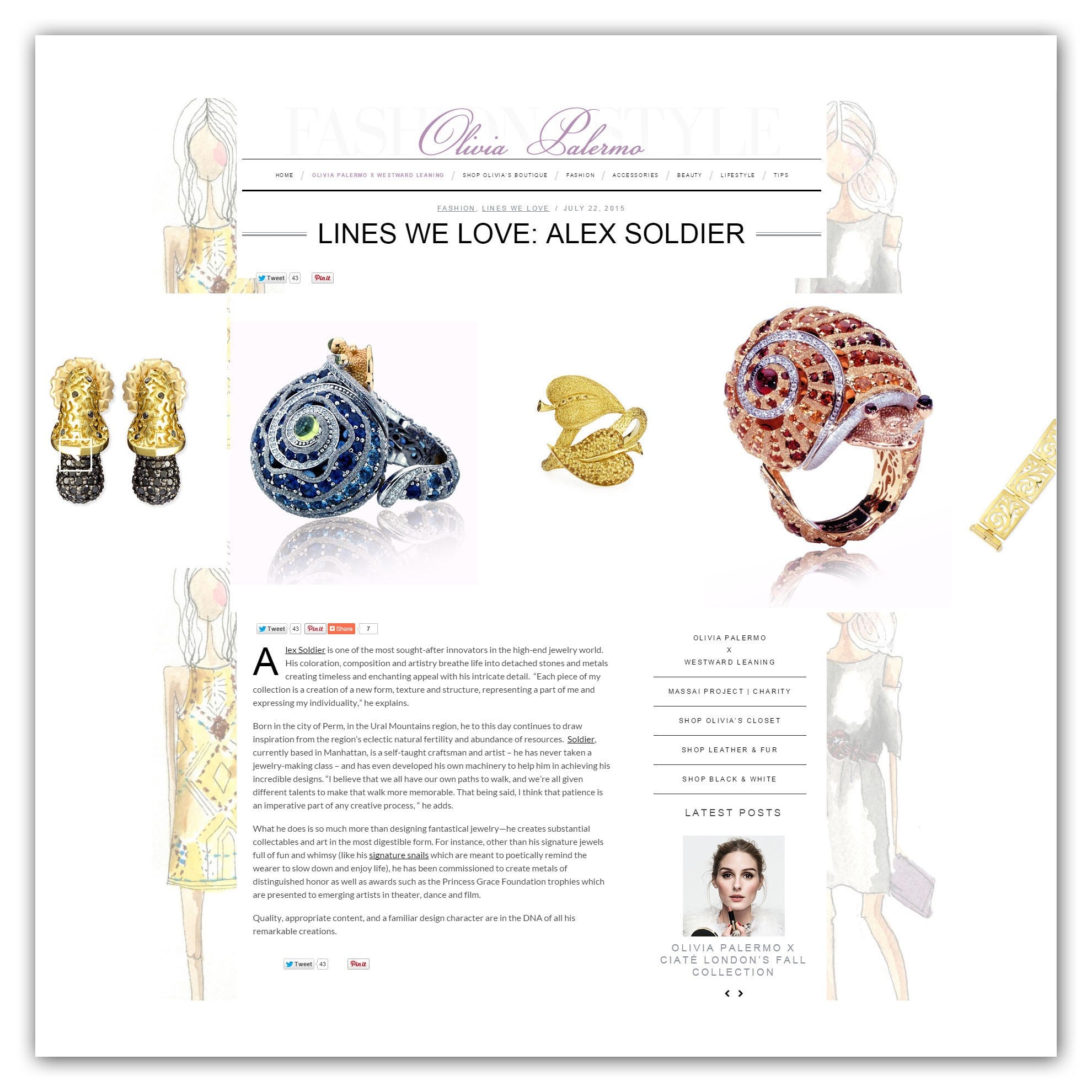 Olivia Palermo's "Lines We Love: Alex Soldier" publication features Gold Acorn Earrings, Gold Snail Rings with Gemstones and Yellow Gold Leaf Doublet