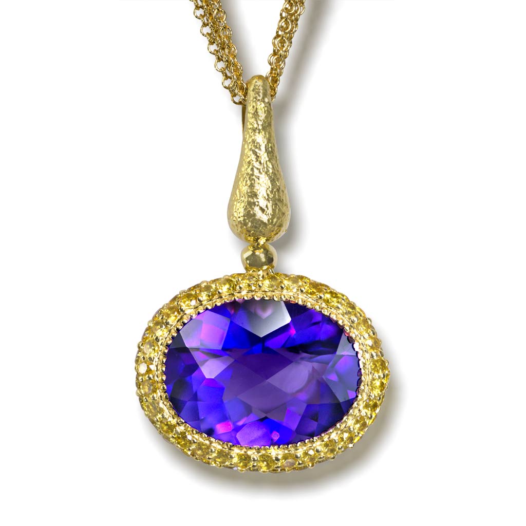 Gold Cocktail Pendant with Amethyst, Sapphires On C...