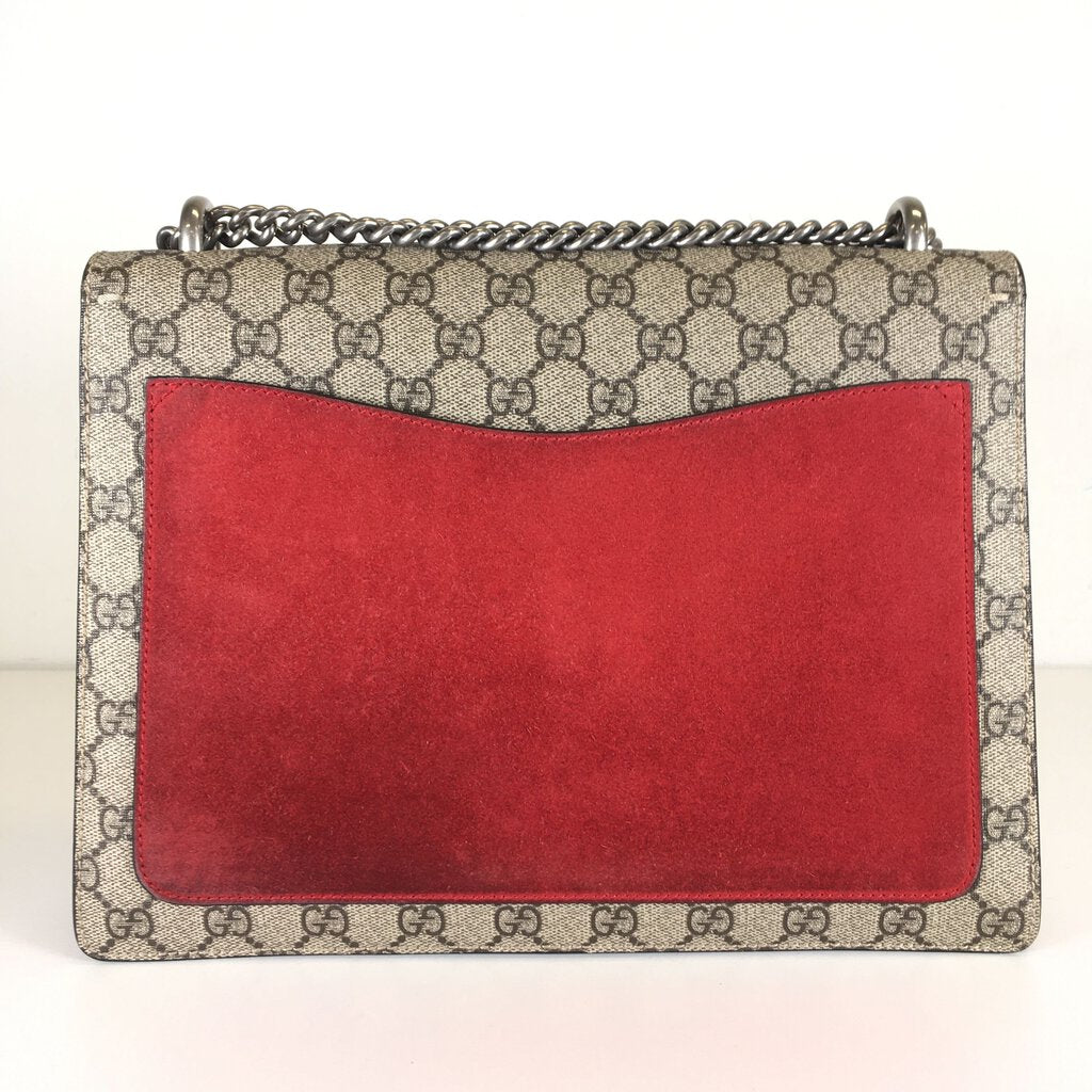 Dionysus GG small rectangular bag in GG Supreme and red suede