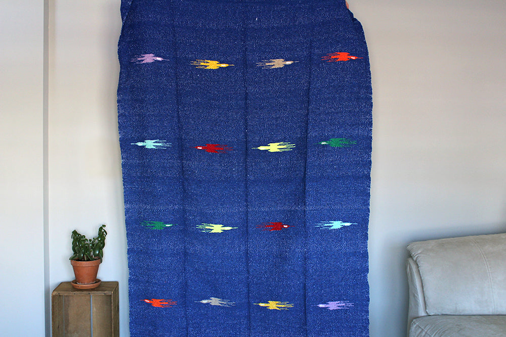 Handwoven Mexican Thunderbird Falsa Blanket in Royal Blue