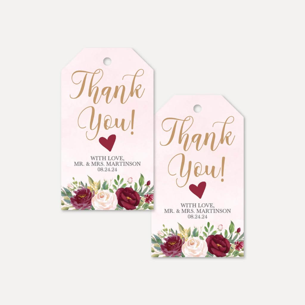 Printable Blush Watercolor Burgundy Floral Wedding Thank You Favor s Template Hadley Designs