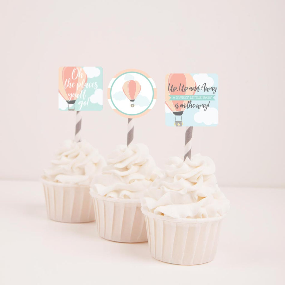 Download Printable Hot Air Balloon Baby Shower Cupcake Topper Template Hadley Designs