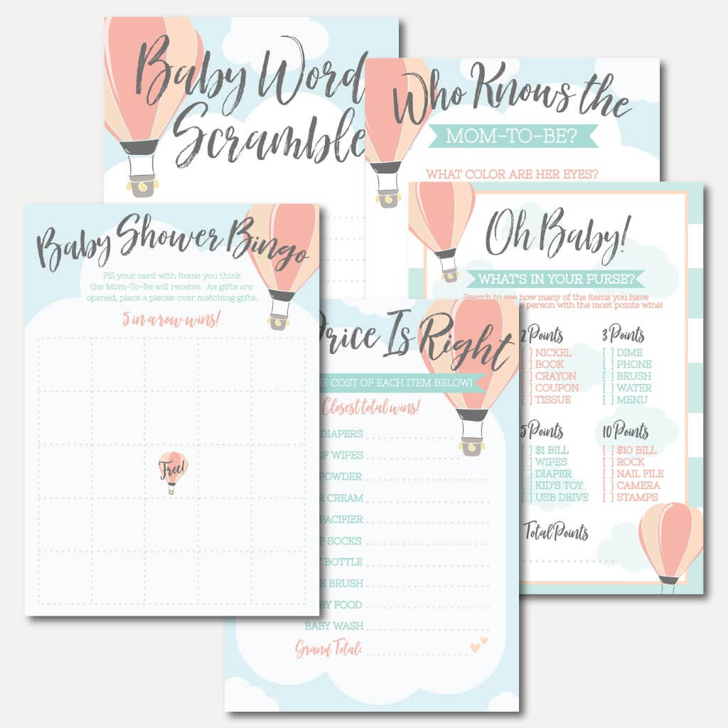 Printable Hot Air Balloon Baby Shower Games Set Template | Hadley Designs