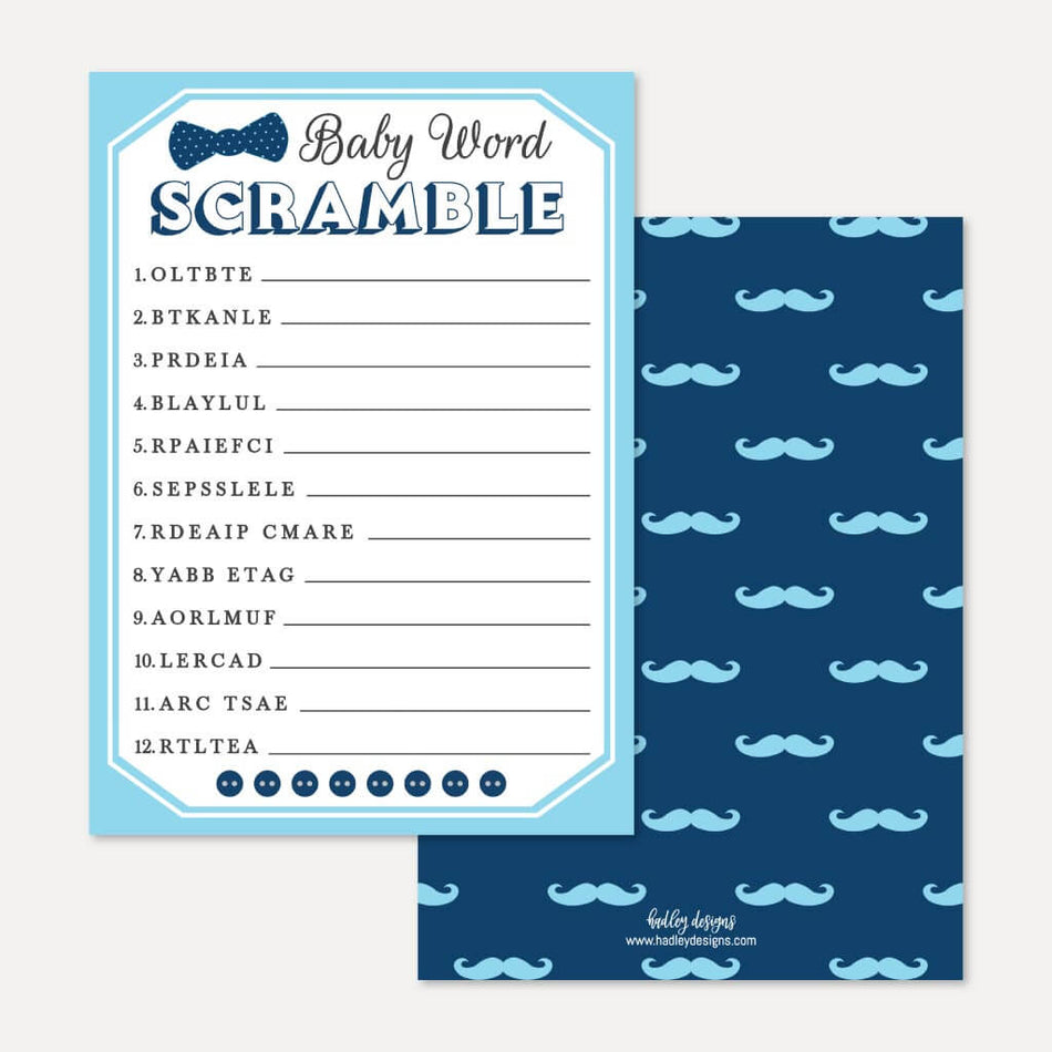 Printable Little Man Baby Shower Word Scramble Game Template Hadley Designs