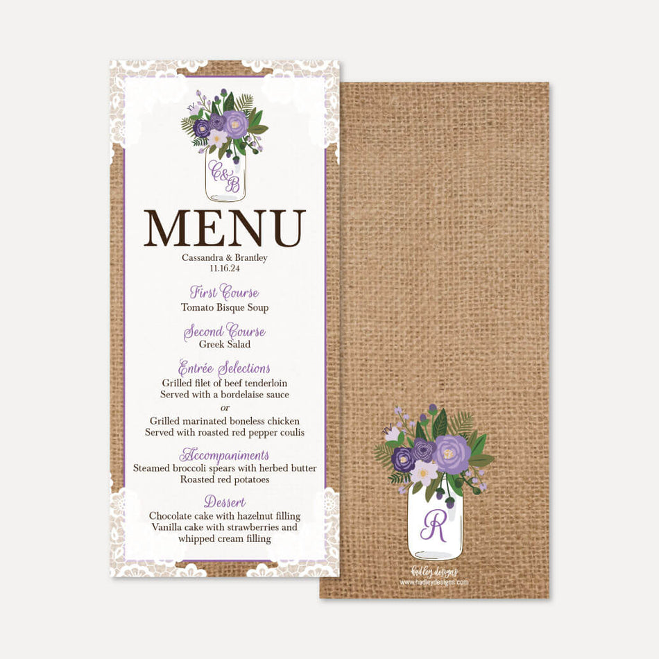 Printable Rustic Mason Jar Floral Lace And Burlap Wedding Menu Template Hadley Designs