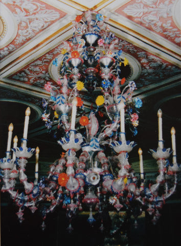 Early Brass and Yellow Glass Electric Chandelier, Large Curved Arm