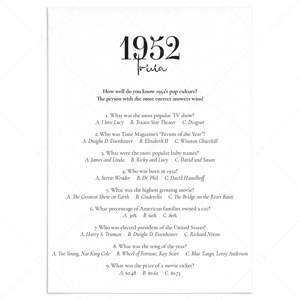 1952 trivia with answers printable instant download littlesizzle