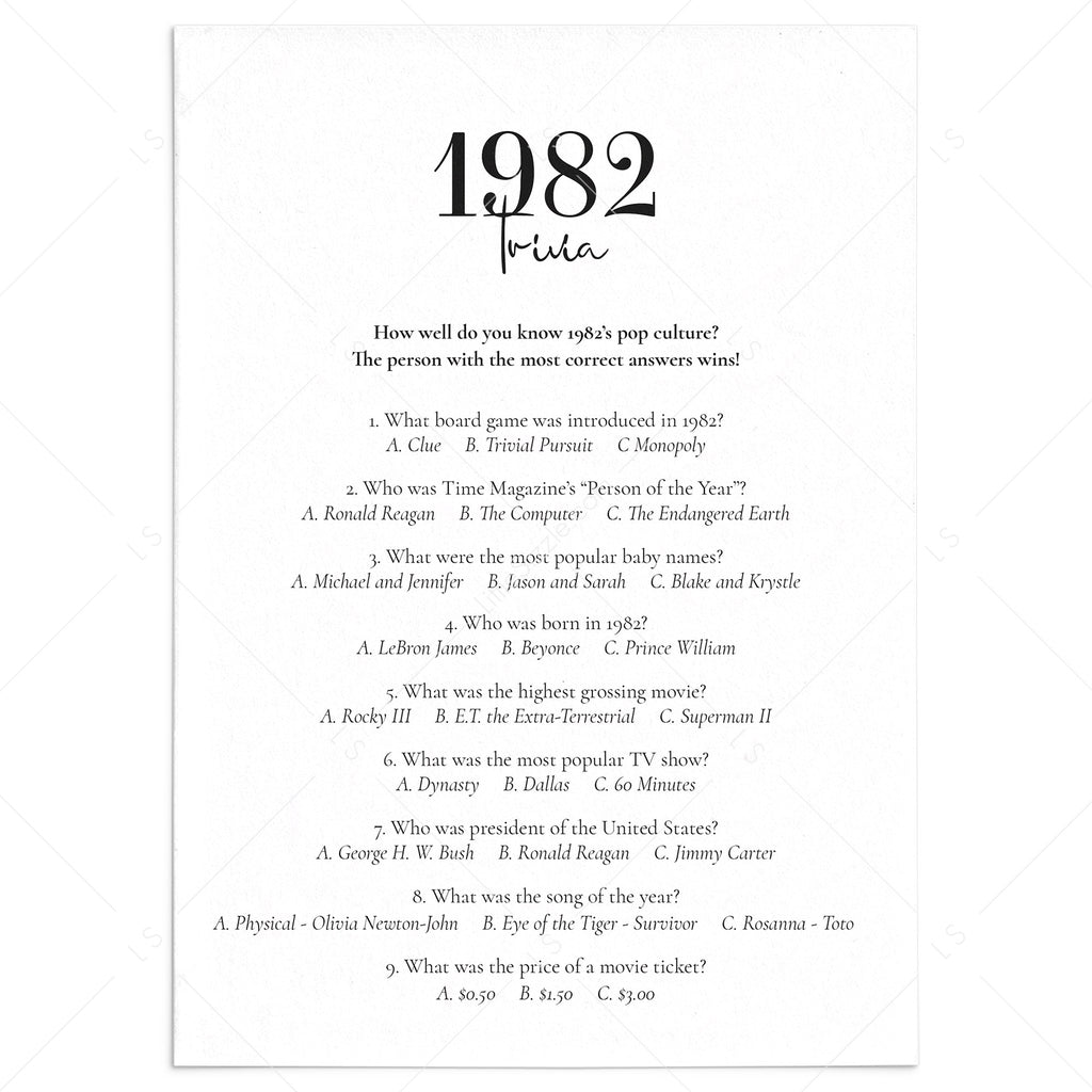 1982 quiz questions and answers printable instant download littlesizzle