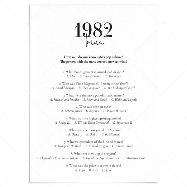 1982 Trivia Free Printable