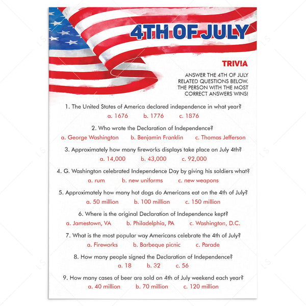 4th of July Trivia | Printable & Virtual | Independence Day Quiz ...