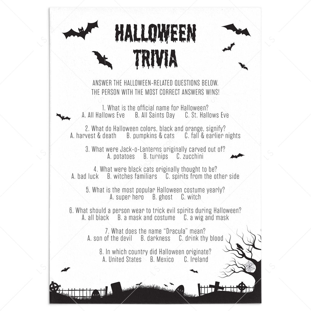 Halloween Trivia With Answers Printable Black White Graveyard Littlesizzle