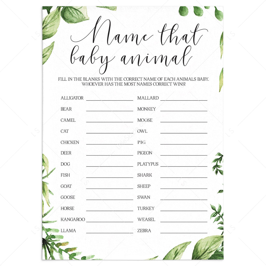 Animals Baby Name Quiz Baby Shower Game Printable Instant Download Littlesizzle