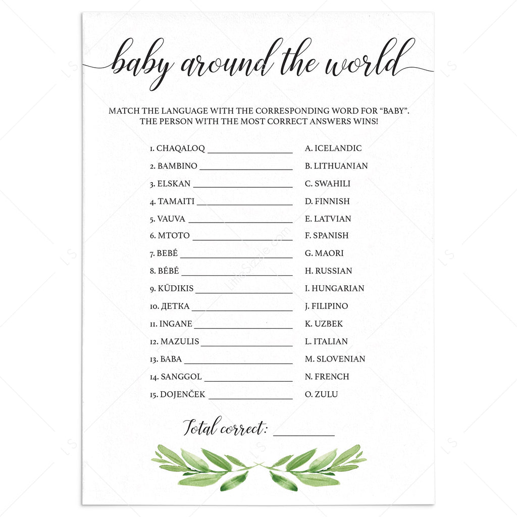 Greenery Baby Shower Quiz Baby Around The World Printable Instant Download Littlesizzle