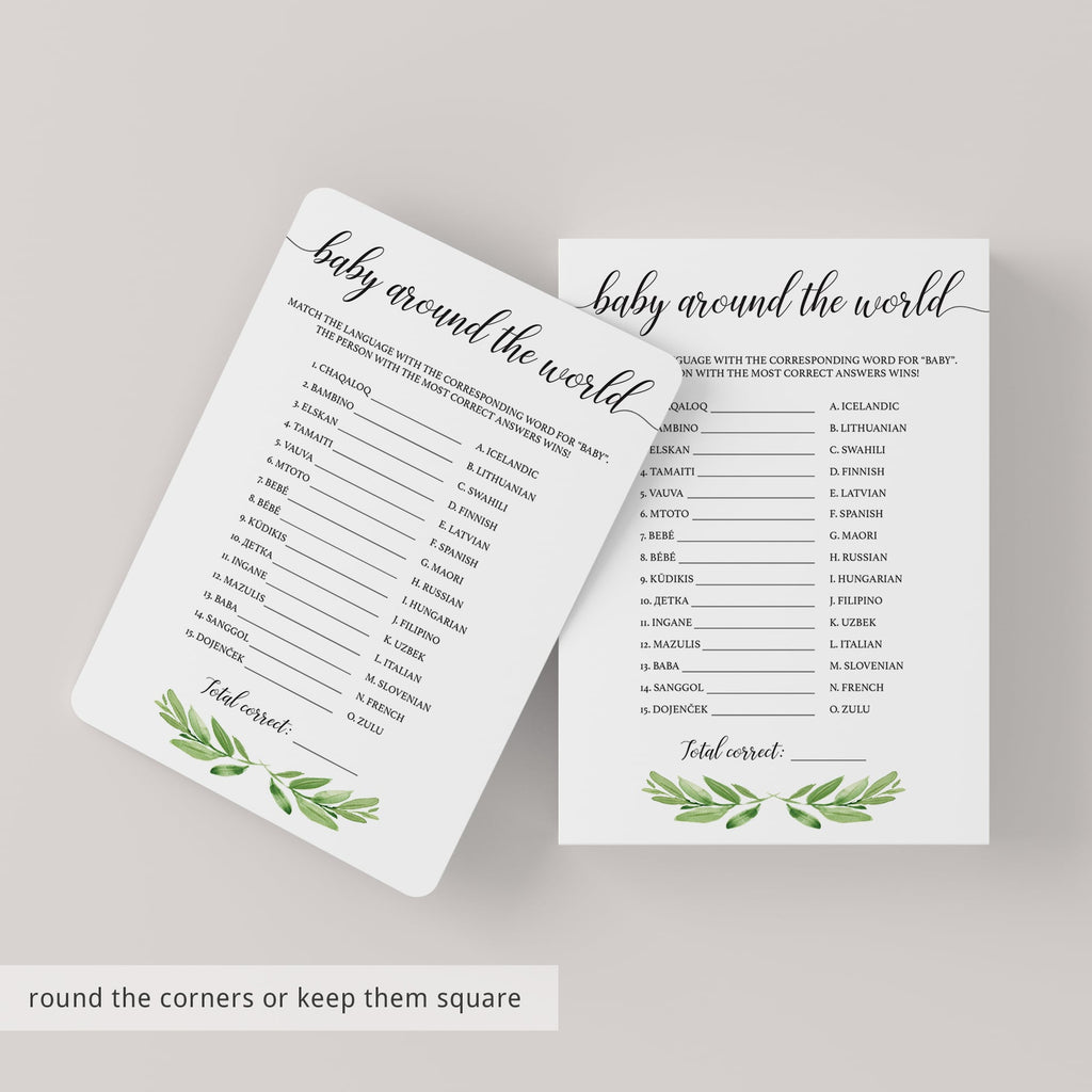 Greenery Baby Shower Quiz Baby Around The World Printable Instant Download Littlesizzle