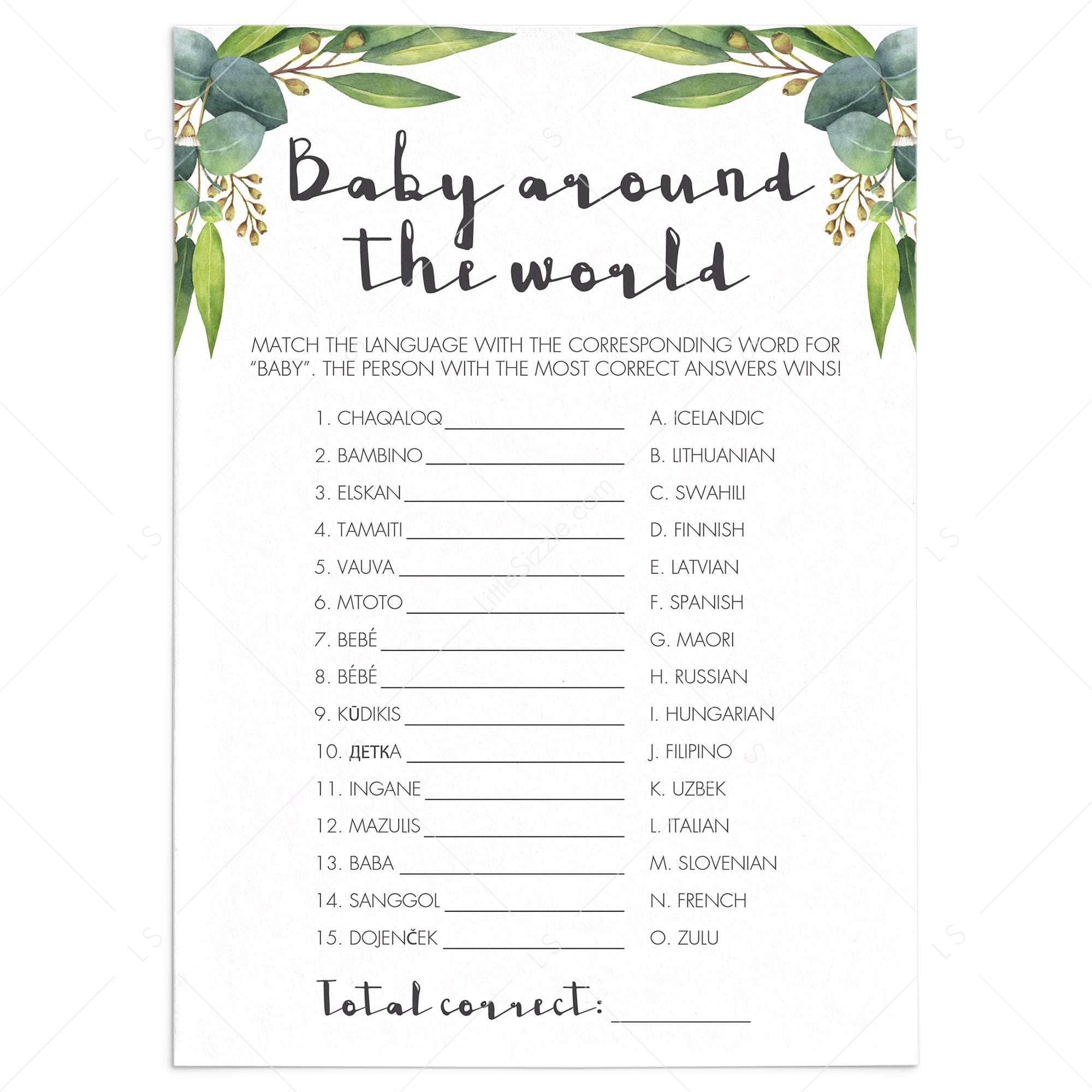 Baby Around The World Game With Watercolor Leaves Printable Instant Download Littlesizzle