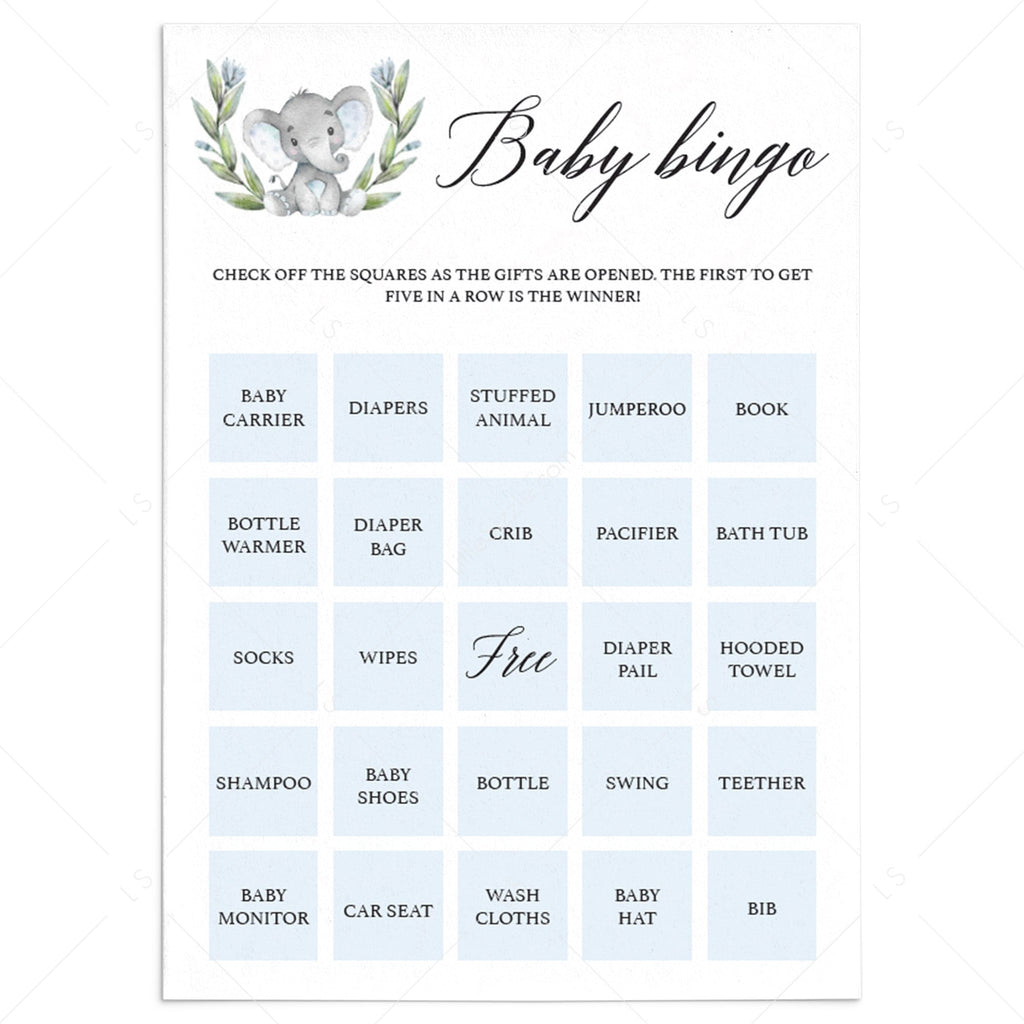 Elephant Baby Shower Bingo Game For Boy Prefilled And Blank Cards Littlesizzle