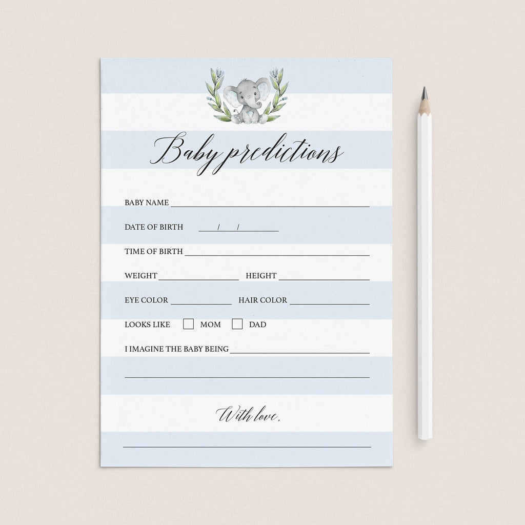 Printable Baby Predictions Card For An Elephant Themed Boy Baby Shower Littlesizzle