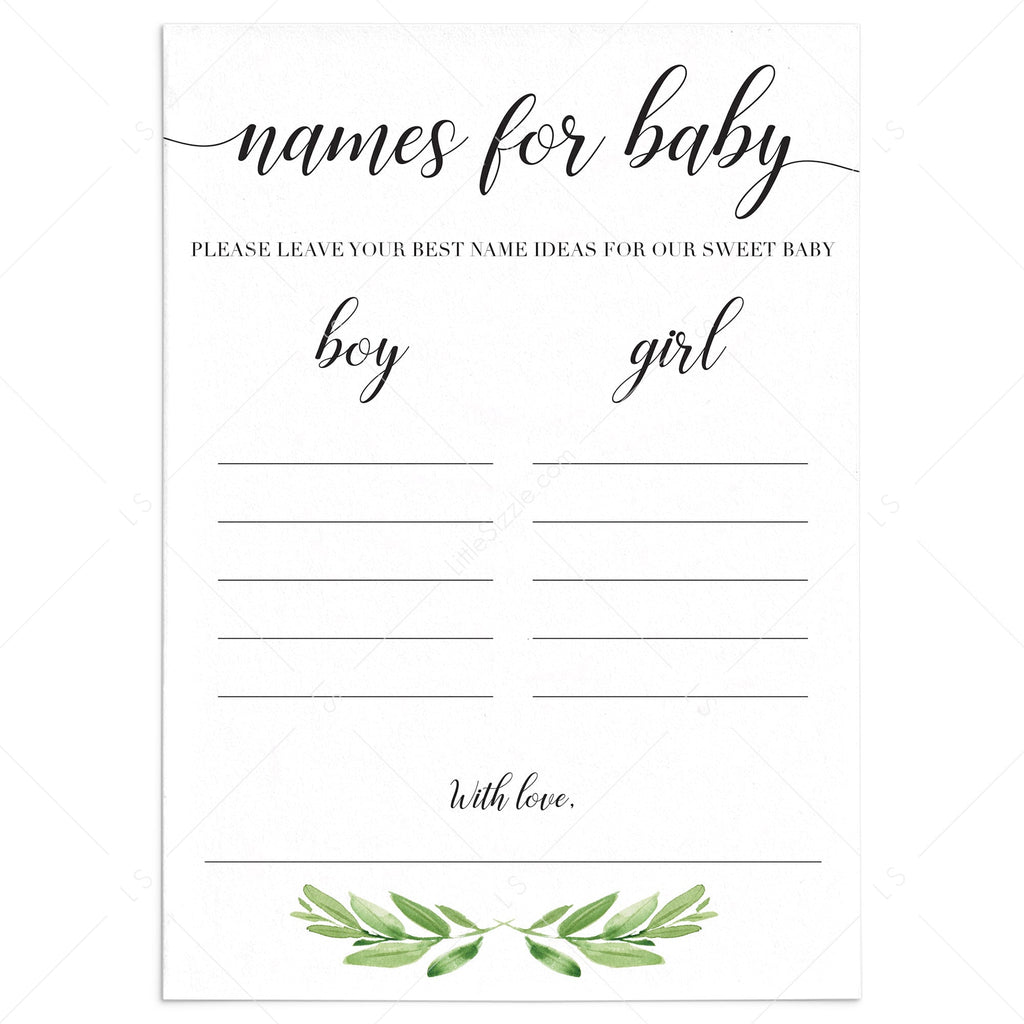 Printable Baby Name Suggestion card gender neutral with green leaves