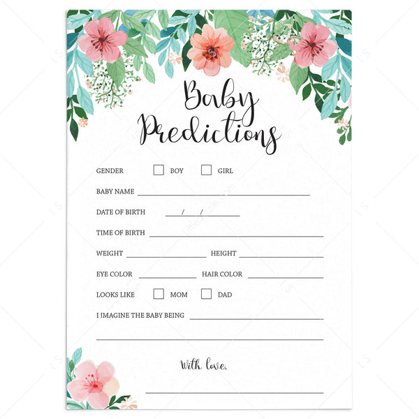 Printable baby prediction game for a floral themed baby shower