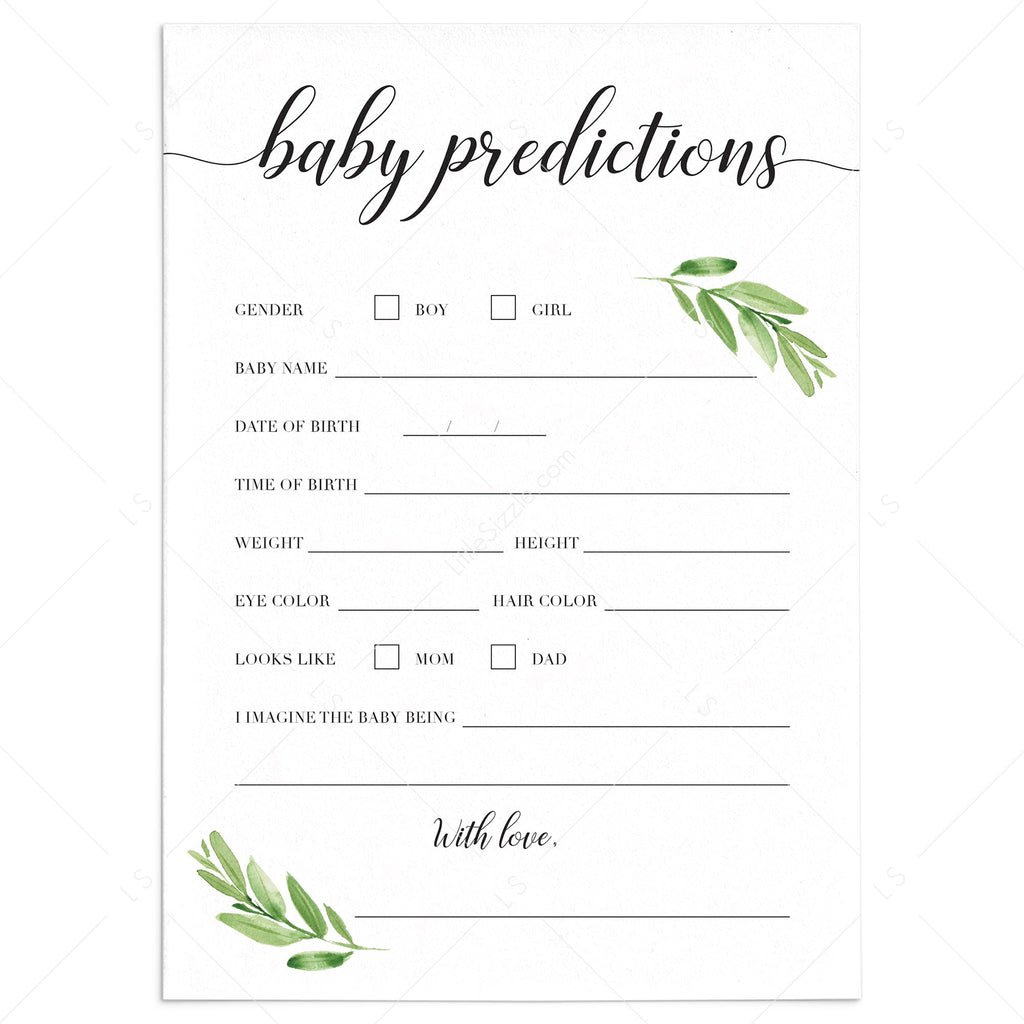 Printable Baby Shower Baby Predications Card For Greenery Baby Shower 