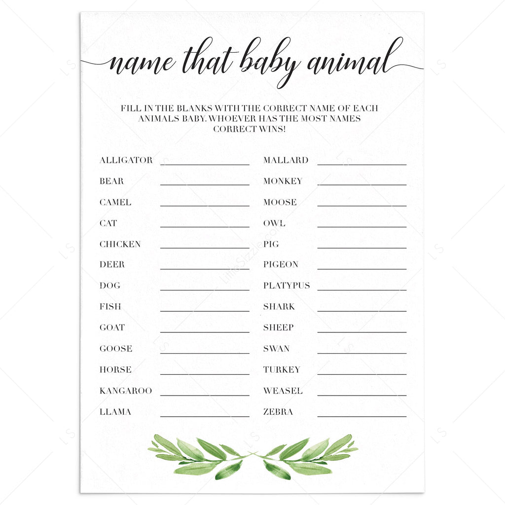 Greenery Baby Shower Name That Baby Animal Game Instant Download Littlesizzle