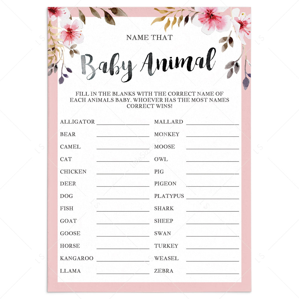 Blush Floral Baby Shower Game Name That Baby Animal Instant Download Littlesizzle