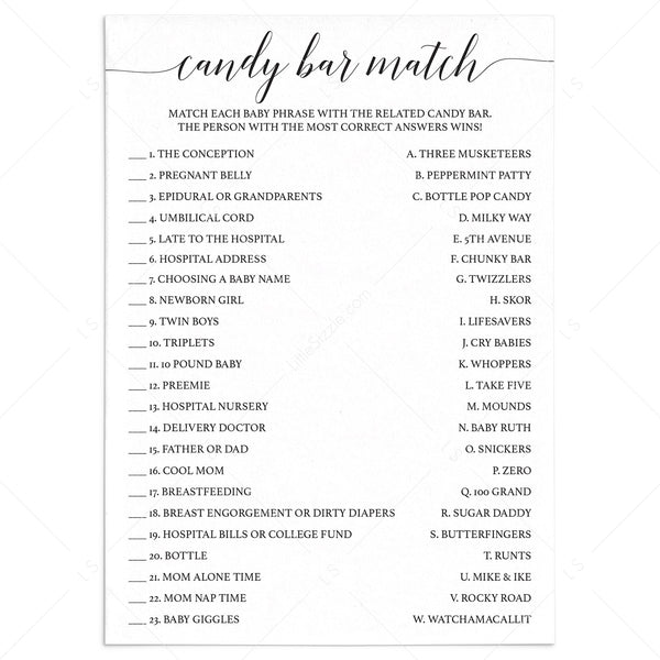 Printable Candy Bar Match baby shower game | Black & White – LittleSizzle