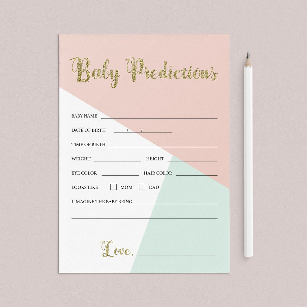 Printable baby predication game for a pink and gold baby shower ...
