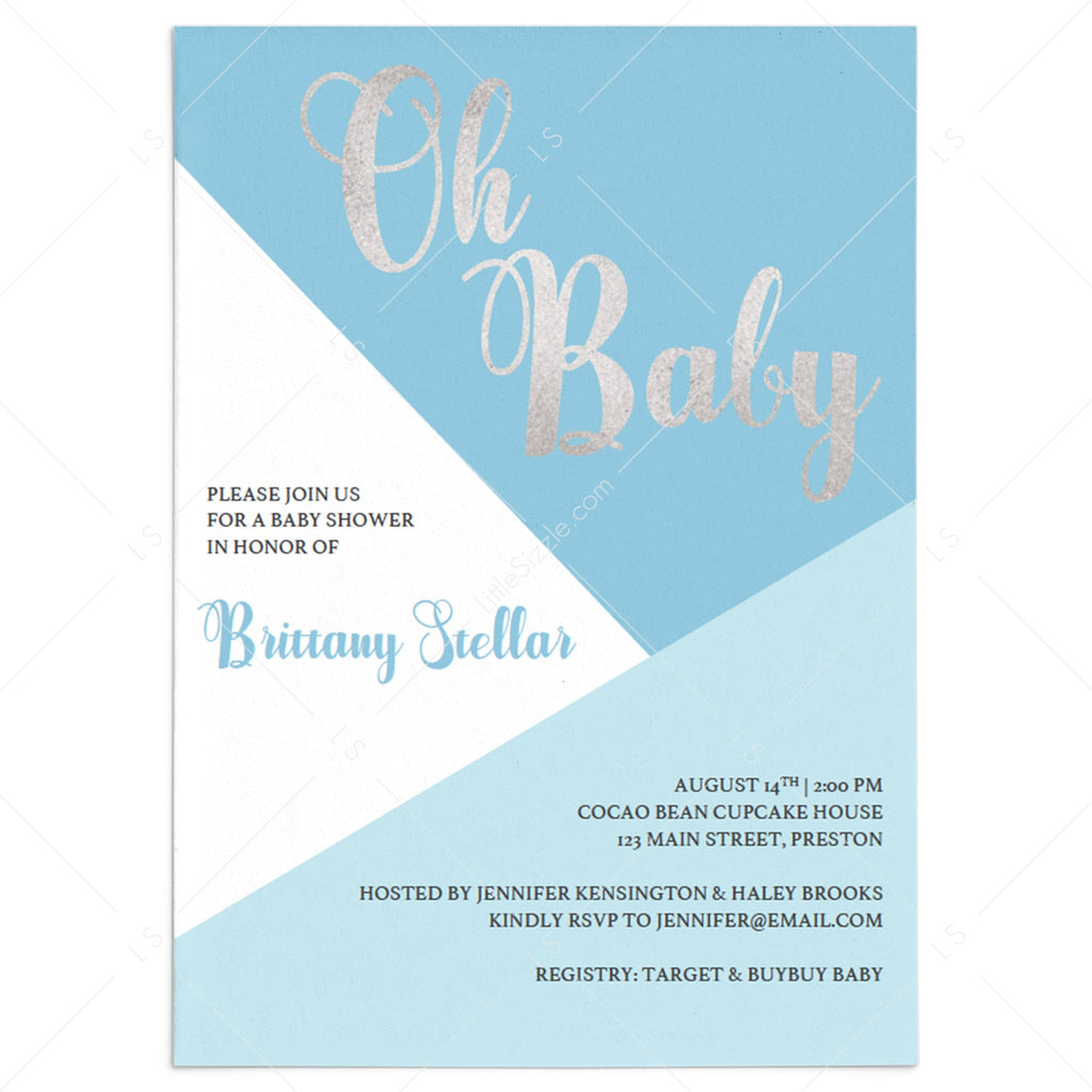 Oh Baby Boy Baby Shower Invitation Template Blue Silver Instant Download Littlesizzle