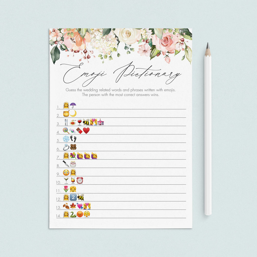 Blush Bridal Emoji Pictionary Game Printable Instant