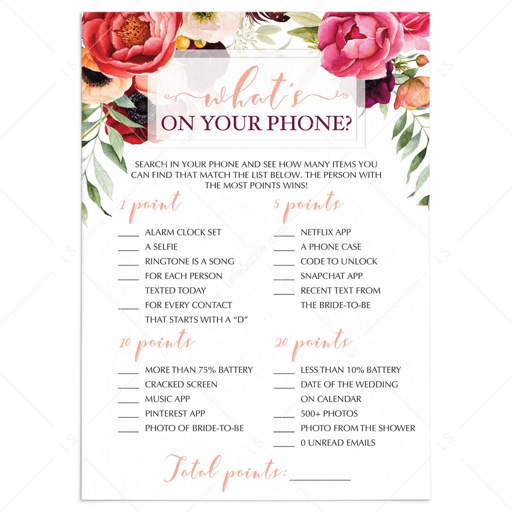 Bridal Shower What Is On Your Phone Template Printable