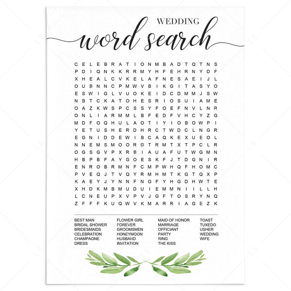 foliage wedding word search game printable instant