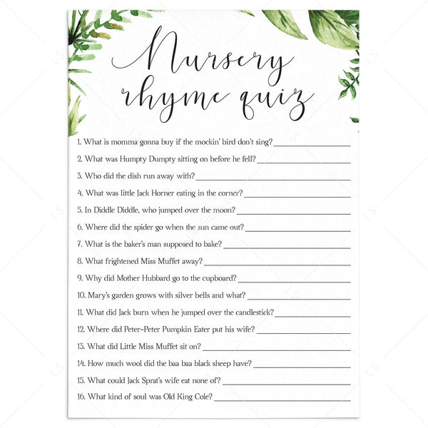 Greenery Nursery Rhyme Quiz babyshower game printable | Instant ...