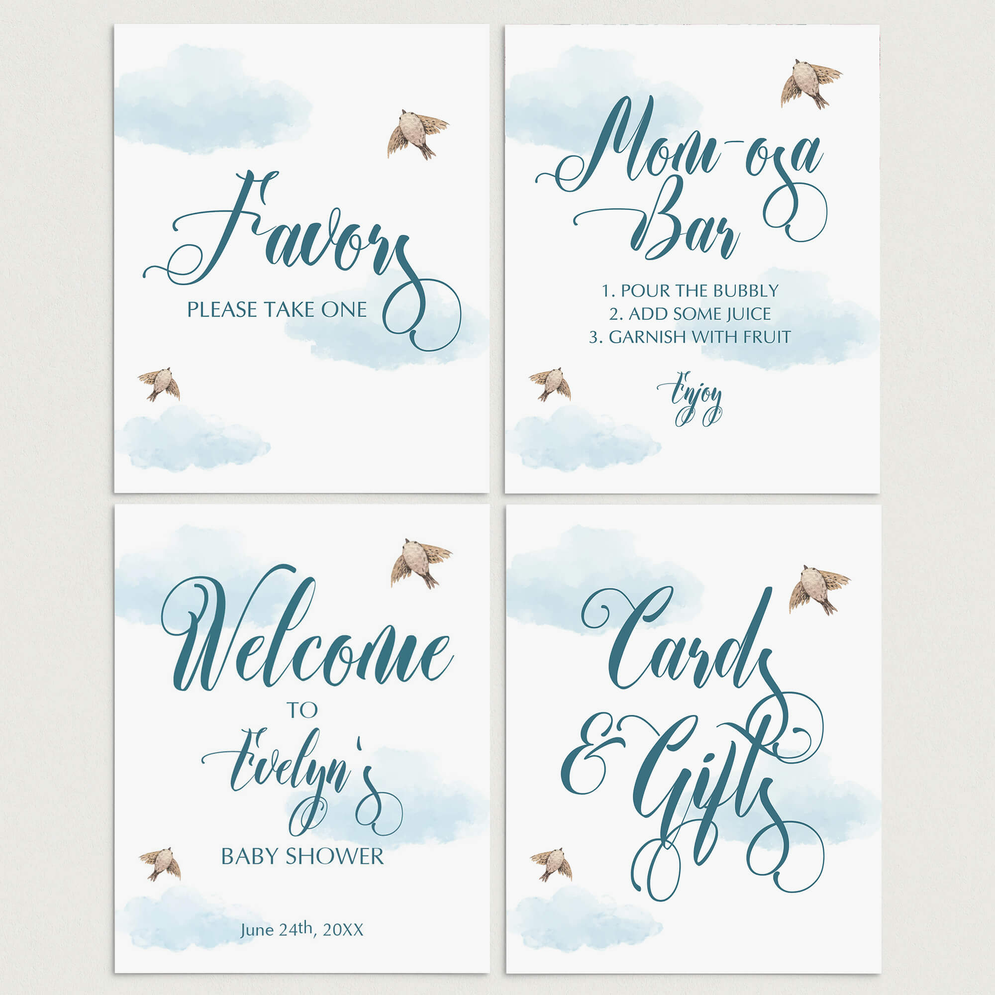 Printable and blue baby shower decor | Watercolor clouds shower signs – LittleSizzle