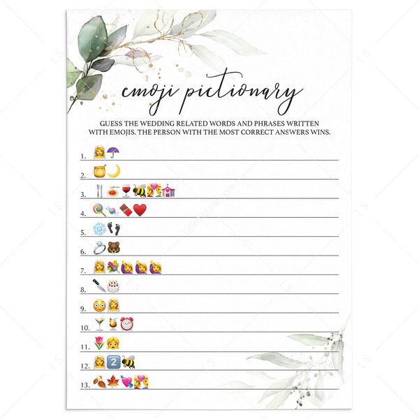 Greenery Bridal Shower Emoji Pictionary Game Printable | Instant ...