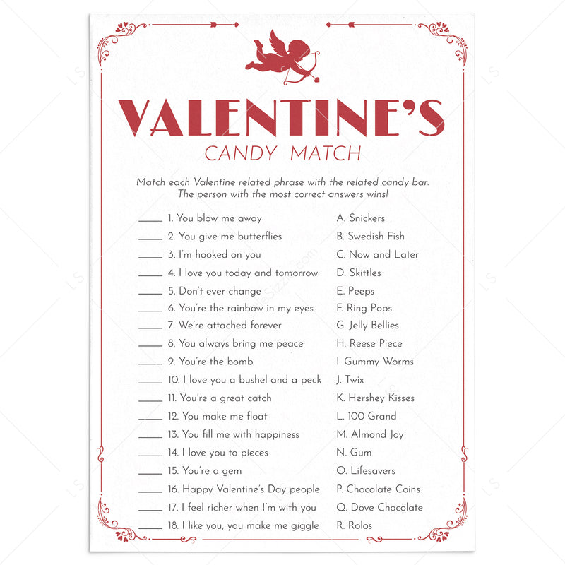 Valentines Day Party Games Printable Candy Bar Match Littlesizzle 7687