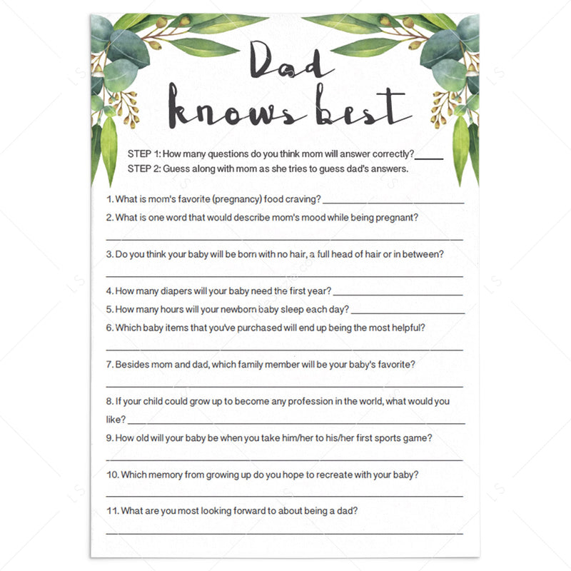 Dad Knows Best funny baby shower games printables Instant download