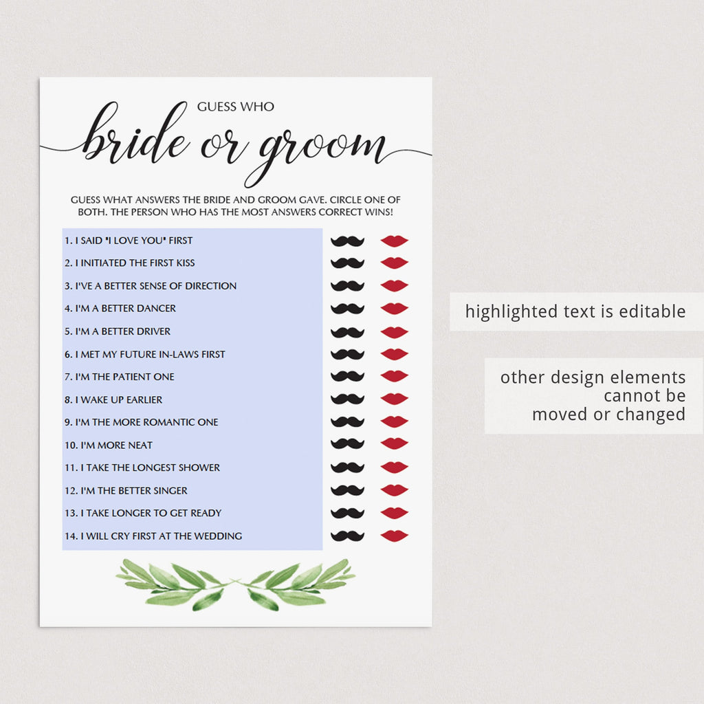 Guess Who Bride or Groom Quiz Editable Template Green