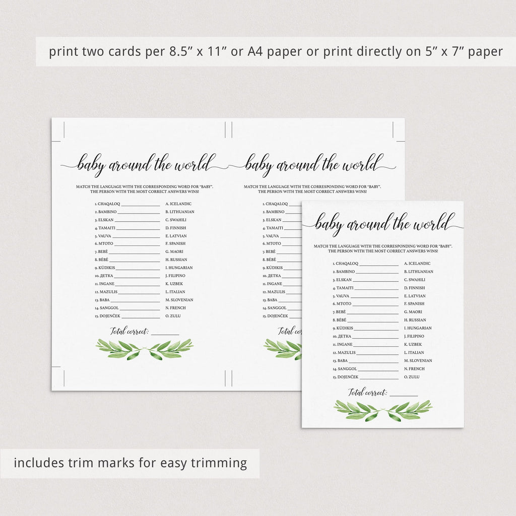 Greenery Baby Shower Quiz Baby Around The World Printable Instant Download Littlesizzle