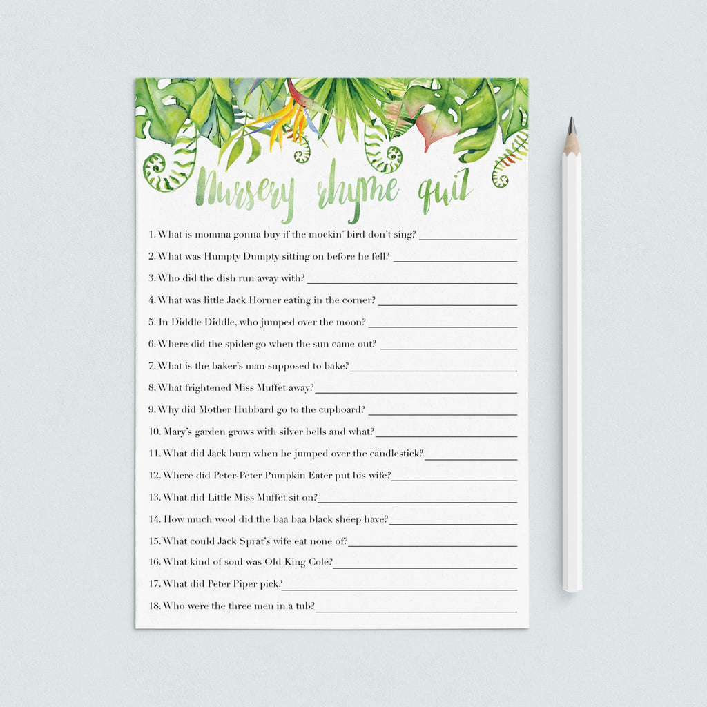 Luau Baby Party Game Nursery Rhyme Quiz Printable Instant Download Littlesizzle